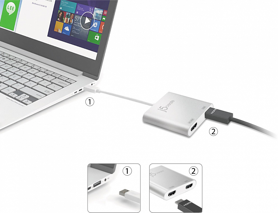 Переходник j5create Multi-Monitor Adapter (JUA365) USB 3.0 to Dual HDMI (Silver) купить в интернет-магазине icover