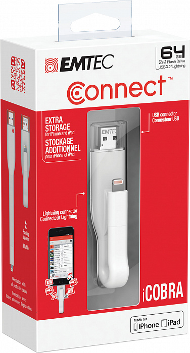 Emtec iCobra T500 64Gb USB 3.0 Flash Drive Lightning - флеш-накопитель (White) купить в интернет-магазине icover