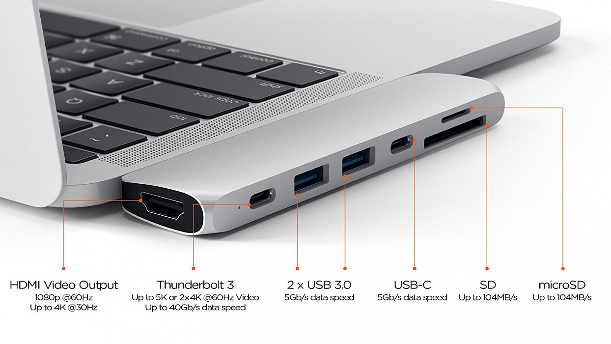 USB-хаб Satechi Aluminum Type-C Pro Hub Adapter для MacBook Pro 13”/15” 2016 (Silver) купить в интернет-магазине icover