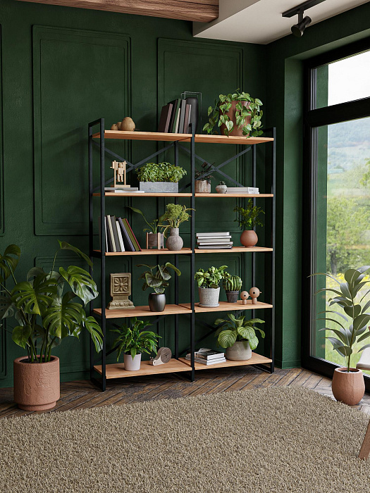 Стеллаж двойной лофт RIDBERG CHICAGO 5 полок (Oak/Black) купить в интернет-магазине icover