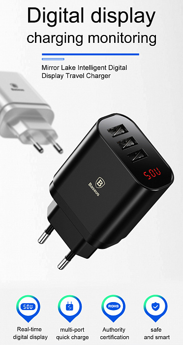 Сетевая зарядка Baseus Mirror Lake Intelligent Digital Display (CCALL-BH01) 3xUSB 3.4A (Black) купить в интернет-магазине icover