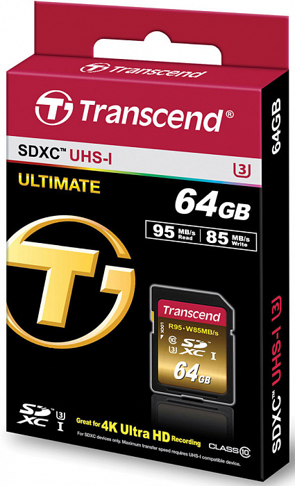 Карта памяти Transcend SDXC Ultimate Class 10 U3 UHS-I 64Gb TS64GSDU3X (Gold) купить в интернет-магазине icover