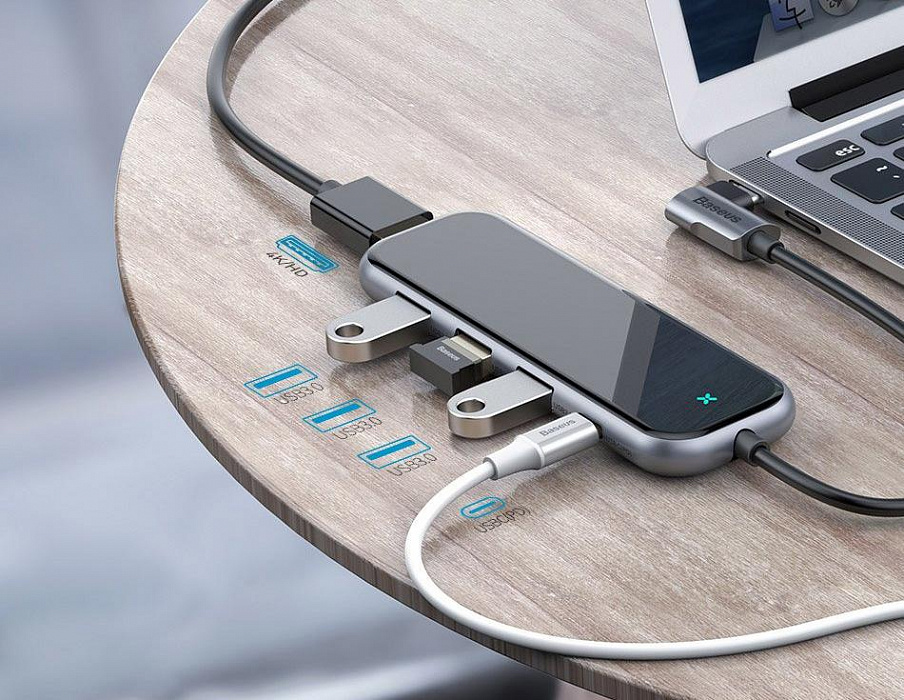 USB-концентратор Baseus Multi-functional Hub (CAHUB-BZ0G) USB-C to HDMI/3xUSB 3.0/PD (Deep Grey) купить в интернет-магазине icover