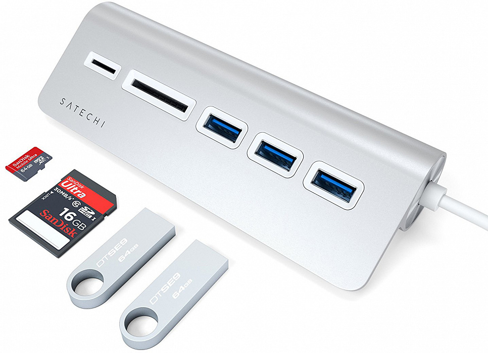 USB-концентратор Satechi Aluminum USB 3.0 Hub & Card Reader ST-TCHCRS (Silver) купить в интернет-магазине icover