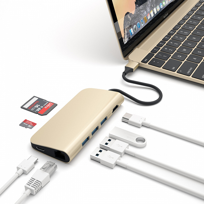Мультипереходник Satechi Aluminum Type-C Multi-Port Adapter (Gold) купить в интернет-магазине icover