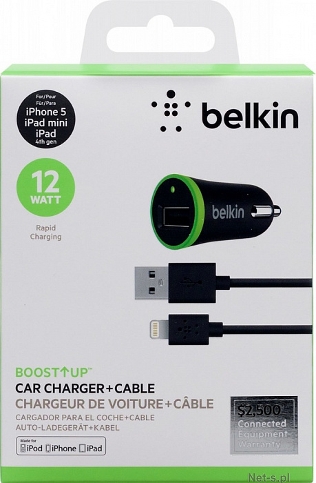 Автомобильное зарядное устройство + кабель Belkin Car Charger Lightning USB 2.4A (F8J121bt04-BLK) купить в интернет-магазине icover