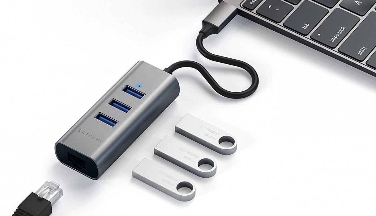USB-концентратор Satechi Aluminum USB 3.0 Hub & Ethernet ST-TC2N1USB31AM (Space Gray) купить в интернет-магазине icover
