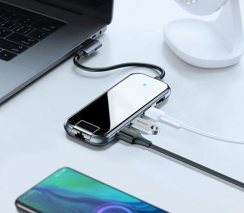 USB-концентратор Baseus Multi-functional Hub (CAHUB-DZ0G) USB-C to HDMI/3xUSB 3.0/RJ45/PD (Deep Grey) купить в интернет-магазине icover