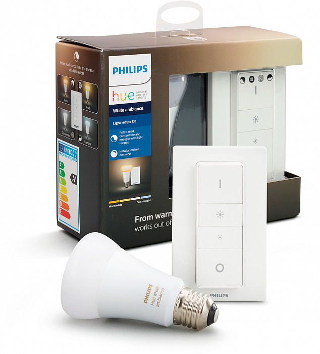 Комплект светодиодных ламп Philips Hue White Ambiance E27 + Dimmer Switch (8718696678404) купить в интернет-магазине icover