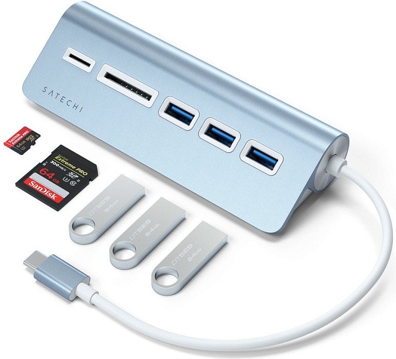 USB-концентратор Satechi Aluminum USB 3.0 Hub & Card Reader ST-TCHCRB (Blue) купить в интернет-магазине icover