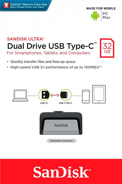 Флеш-накопитель SanDisk Ultra Dual (SDDDC2-032G-G46) USB-C/A 32GB (Silver) купить в интернет-магазине icover