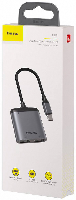 Переходник Baseus Enjoy HUB USB Type-C - HDMI 2x PD HD - USB Type-C (CAHUB-I0G) (Deep Grey) купить в интернет-магазине icover