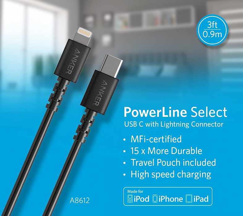 Кабель Anker Powerline Select (A8612) USB-C/Lightning 0.9m (Black) купить в интернет-магазине icover