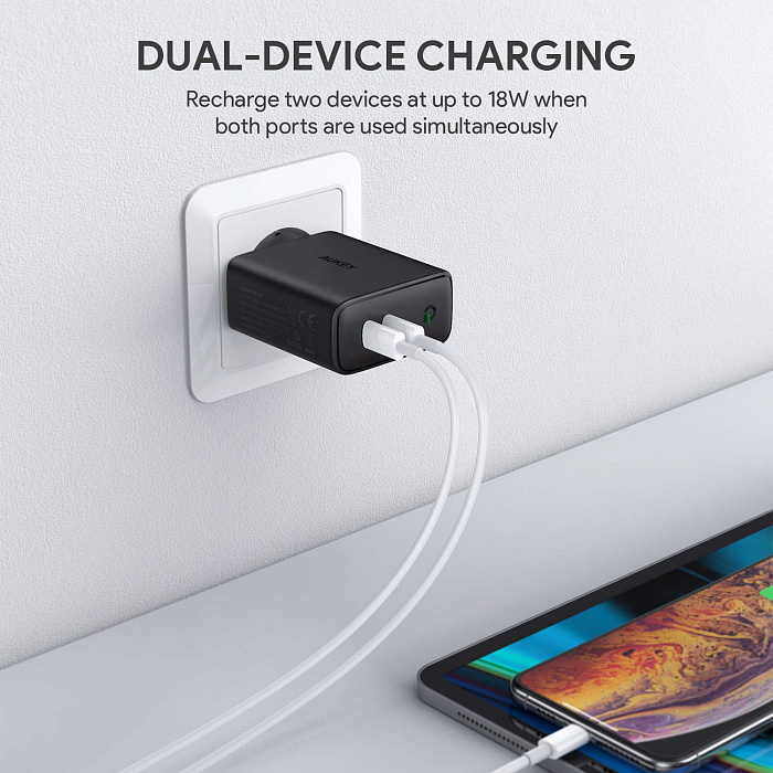 Сетевое зарядное устройство Aukey Dual-Port 36W PD Wall Charger with Dynamic Detect (Black) купить в интернет-магазине icover