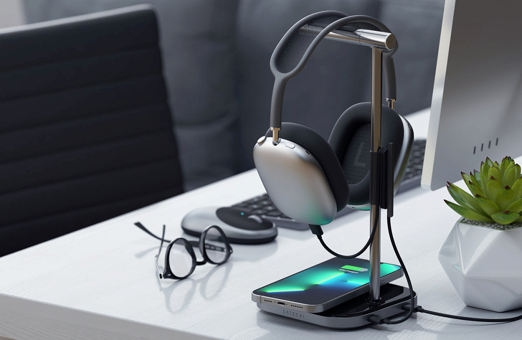 Подставка для наушников Satechi ST-UCHSMCM 2-In-1 Headphone Stand w/ Wireless Charger (Space Grey) купить в интернет-магазине icover