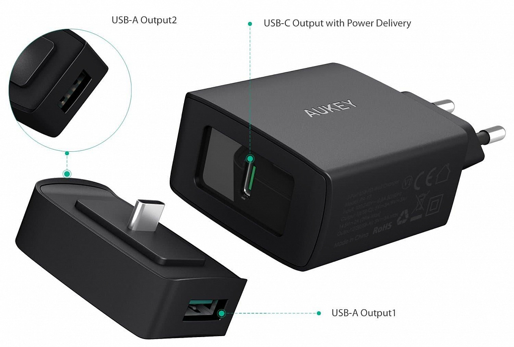 Сетевое зарядное устройство Aukey Amp PD Duo USB-C Wall Charger PA-Y7 (Black) купить в интернет-магазине icover
