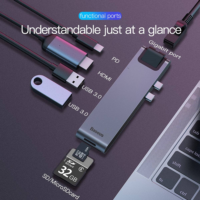 USB-концентратор Baseus Thunderbolt C+Pro (CAHUB-L0G) для MacBook Pro (Deep Grey) купить в интернет-магазине icover