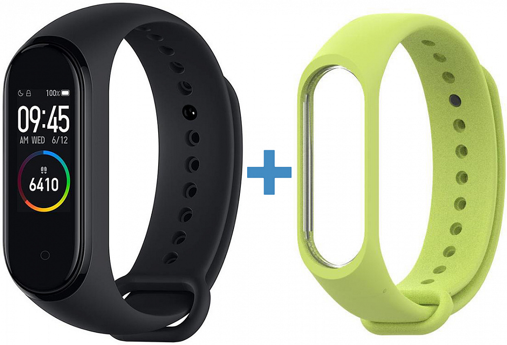 Фитнес-браслет Xiaomi Mi Band 4 + сменный ремешок Silicon (Black/Light Green) купить в интернет-магазине icover