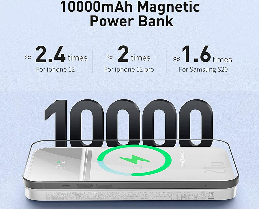 Внешний аккумулятор Baseus Magnetic Wireless Charging 10000mAh PPMT-02 (White) купить в интернет-магазине icover