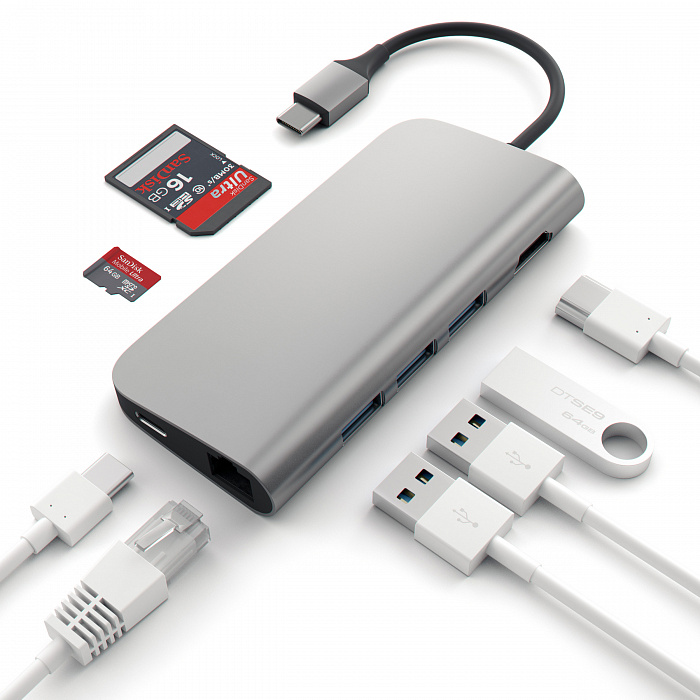 Мультипереходник Satechi Aluminum Type-C Multi-Port Adapter (Space Grey) купить в интернет-магазине icover
