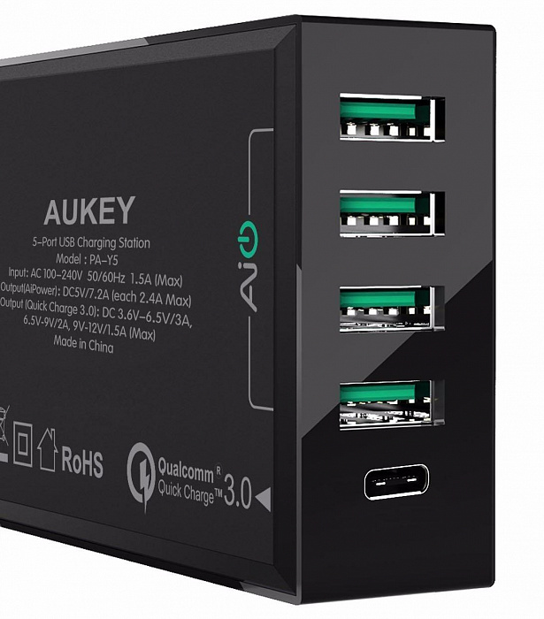 Сетевой адаптер Aukey Fast Charge Qualcomm QC 3.0 PA-Y5 (Black) купить в интернет-магазине icover