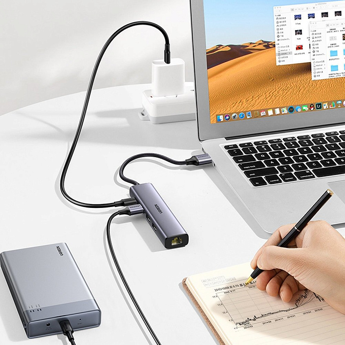 Хаб Ugreen Ethernet Adapter Type-C Power Supply CM475 (60554) USB 3.0 to 3 х USB3.0 / USB Type-C / RJ45 (Space Grey) купить в интернет-магазине icover