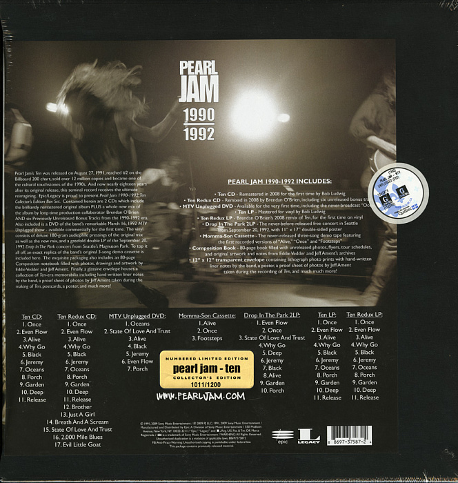 Сборник Pearl Jam - Ten Collector's Edition Box Set (2 CD + DVD + 4 LP + Audio MC) купить в интернет-магазине icover