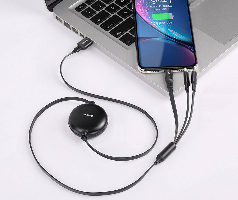 Кабель для iPod, iPhone, iPad Baseus Little Octopus 3-in-1 USB For M+L+T (CAMLT-ZY01) 3.5 A 1.2 m (Black) купить в интернет-магазине icover