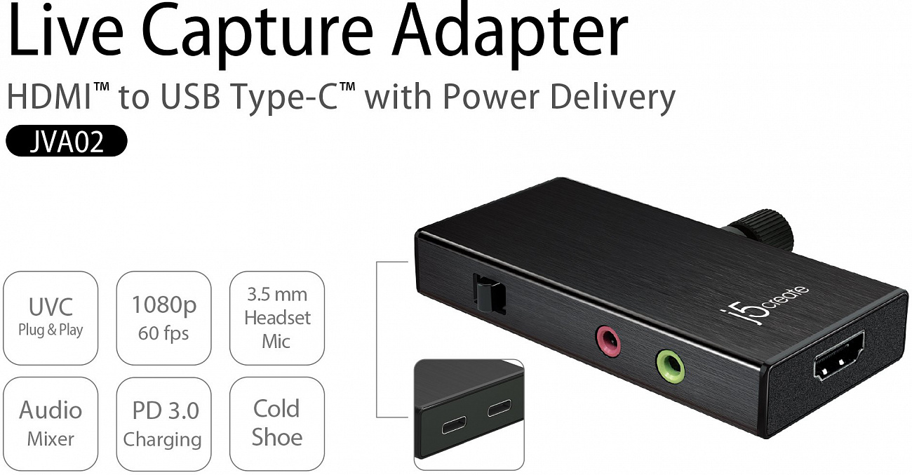 Внешняя карта видеозахвата j5create Live Capture UVC HDMI to USB-C (JVA02) купить в интернет-магазине icover
