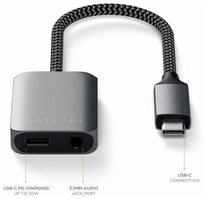 Адаптер Satechi USB-C to Audio PD Charger ST-UCAPDAM (Space Grey) купить в интернет-магазине icover