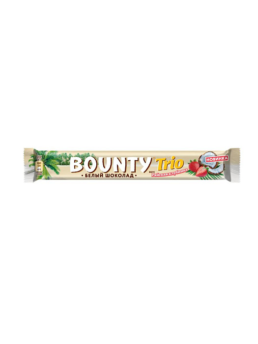 Шоколадный батончик Bounty Trio Райская клубника в белом шоколаде с нежной мякотью кокоса со вкусом клубники (24 х 78 г.) купить в интернет-магазине icover