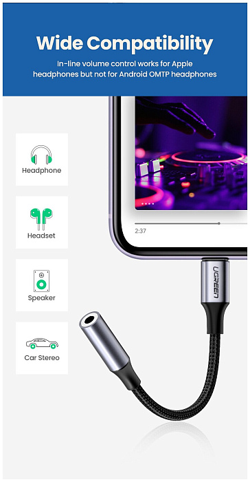 Адаптер Ugreen US211 3.5mm/Lightning F/M (Grey) купить в интернет-магазине icover