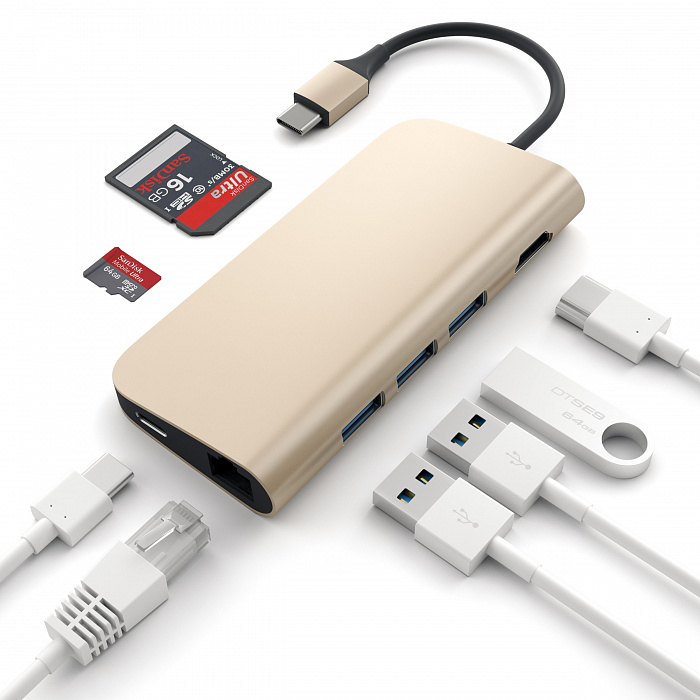 Мультипереходник Satechi Aluminum Type-C Multi-Port Adapter (Gold) купить в интернет-магазине icover