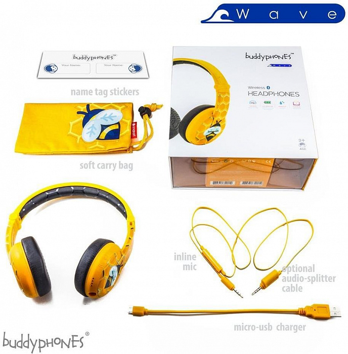 Детские Bluetooth-наушники с микрофоном BuddyPhones Wave (Bee) купить в интернет-магазине icover