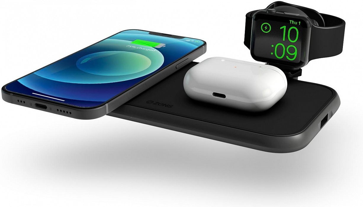 Беспроводное зарядное устройство Zens Aluminium 4-in-1 Wireless Charger (ZEDC14B/00) с кабелем Apple Watch MFi в комплекте купить в интернет-магазине icover