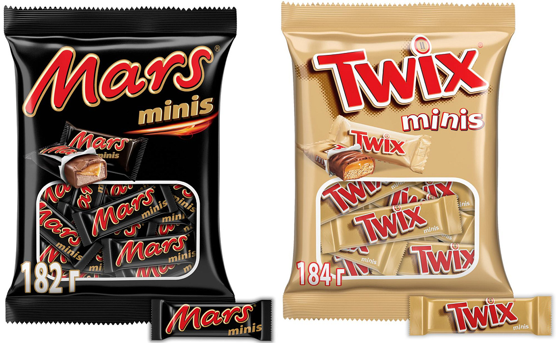 Ассорти MinisMix шоколадные конфеты Mars (2х182г), Twix (2х184г) купить в интернет-магазине icover