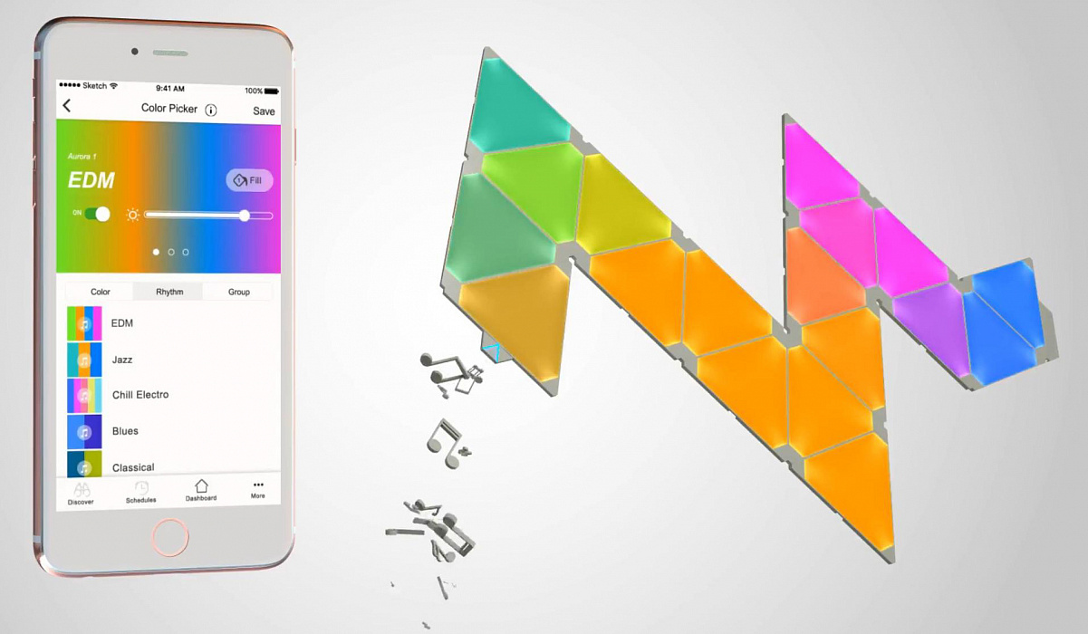 Система освещения Nanoleaf Aurora c дополнительным модулем Nanoleaf Rhythm купить в интернет-магазине icover