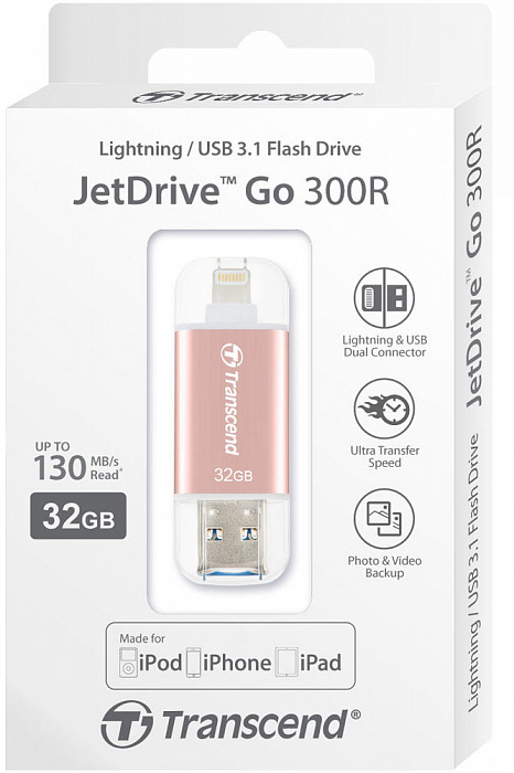 Внешний накопитель Transcend JetDrive Go 300 32Gb USB 3.1/Lightning (TS32GJDG300R) для устройств Apple (Rose Gold) купить в интернет-магазине icover