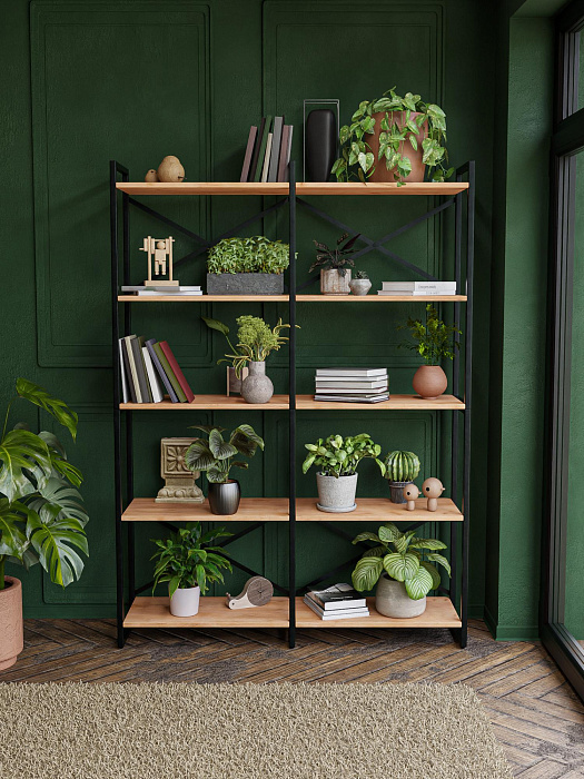 Стеллаж двойной лофт RIDBERG CHICAGO 5 полок (Oak/Black) купить в интернет-магазине icover