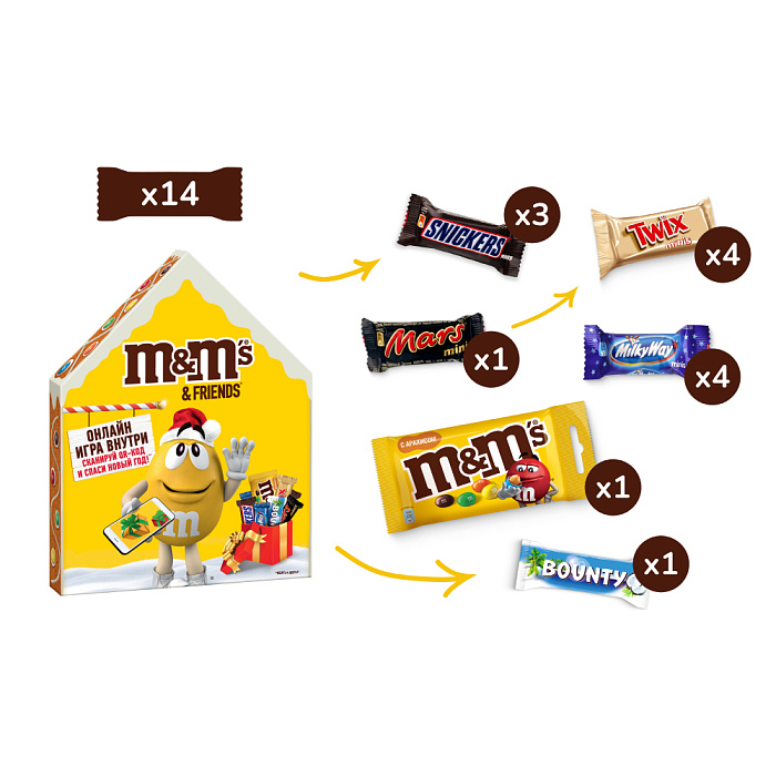 Сладкий подарок M&M's & Friends Пряничный домик на Новый Год, набор конфет M&M's, Snickers, Twix, Bounty, Milky Way, Mars с онлайн-игрой внутри (16 х 215 г.) купить в интернет-магазине icover