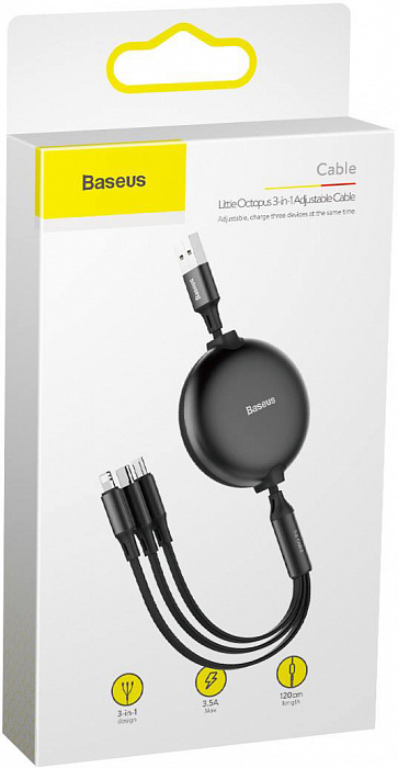 Кабель для iPod, iPhone, iPad Baseus Little Octopus 3-in-1 USB For M+L+T (CAMLT-ZY01) 3.5 A 1.2 m (Black) купить в интернет-магазине icover
