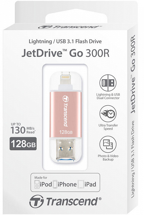 Внешний накопитель Transcend JetDrive Go 300 128Gb USB 3.1/Lightning (TS128GJDG300R) для устройств Apple (Rose Gold) купить в интернет-магазине icover