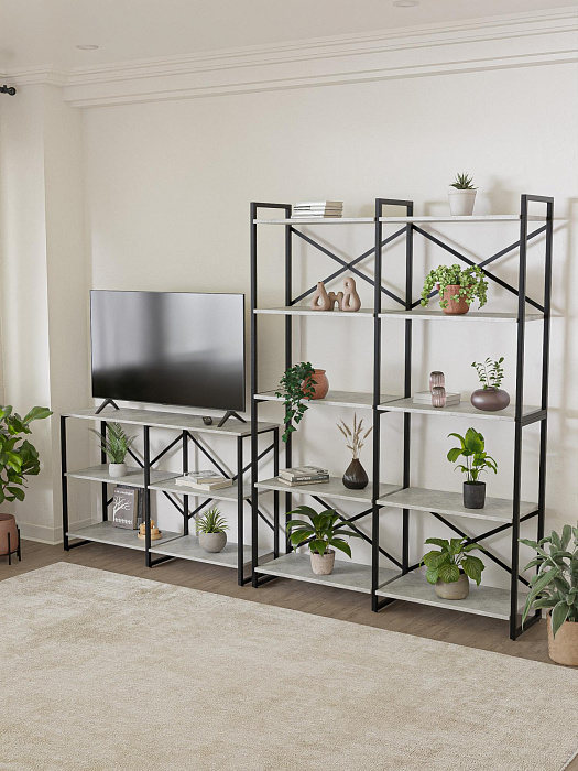 Стеллаж двойной лофт низкий RIDBERG CHICAGO 3 полки (Rock/Black) купить в интернет-магазине icover