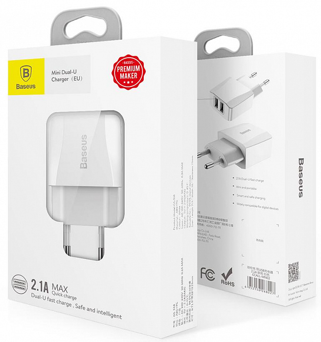 Сетевое зарядное устройство Baseus Mini Dual-U Charger (CCALL-MN02) 2xUSB 2.1A (White) купить в интернет-магазине icover