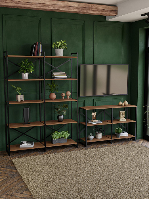 Стеллаж двойной лофт низкий RIDBERG CHICAGO 3 полки (Dark Oak/Black) купить в интернет-магазине icover