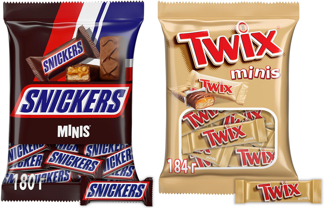 Ассорти MinisMix шоколадные конфеты Snickers (2х180г), Twix (2х184г) купить в интернет-магазине icover