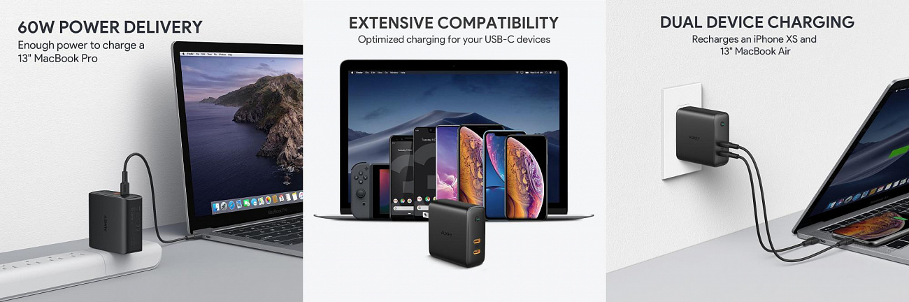 Сетевое зарядное устройство Aukey Focus Duo PD (PA-D5) USB-C 63W (Black) купить в интернет-магазине icover