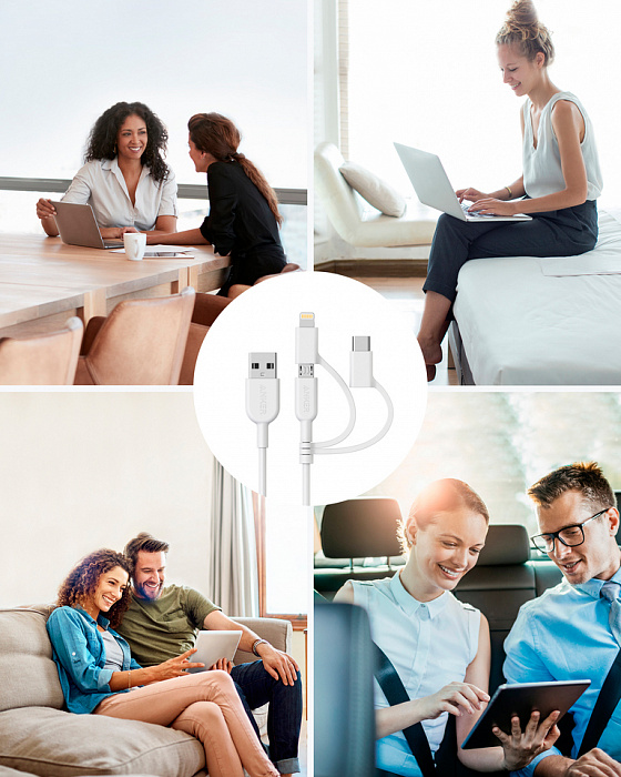 Кабель для iPod, iPhone, iPad Anker Powerline II Lightning/USB-C/microUSB 0.9 m A8436 (White) купить в интернет-магазине icover