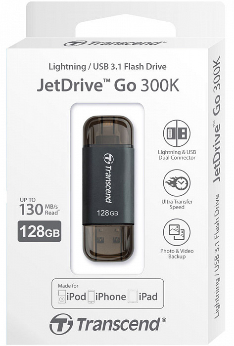 Внешний накопитель Transcend JetDrive Go 300 128Gb USB 3.1/Lightning (TS128GJDG300K) для устройств Apple (Black) купить в интернет-магазине icover
