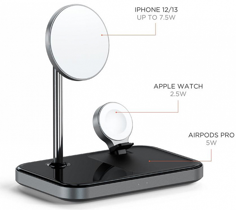 Беспроводное зарядное устройство Satechi Magnetic 3-in-1 Wireless Charging Stand ST-WMCS3M (Space Grey) купить в интернет-магазине icover